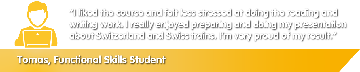 "I liked the course and felt less stressed at doing the reading and writing work. I really enjoyed preparing and doing my presentation about Switzerland and Swiss trains. I'm very proud of my results"